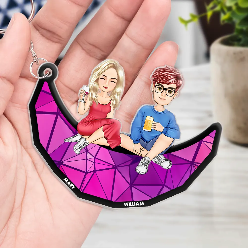 Cartoon Besties Friends Sitting On The Moon - Personalized Cutout Acrylic Keychain - Image 4