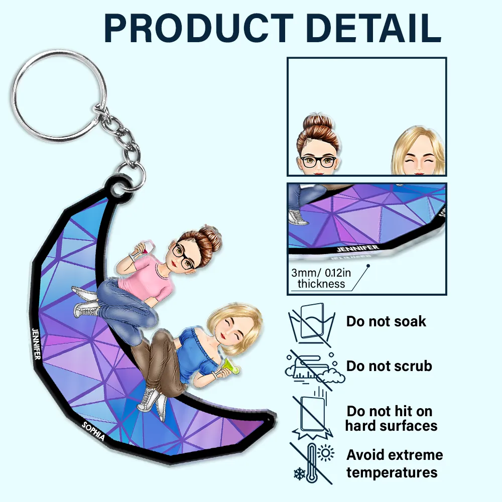 Cartoon Besties Friends Sitting On The Moon - Personalized Cutout Acrylic Keychain - Image 5