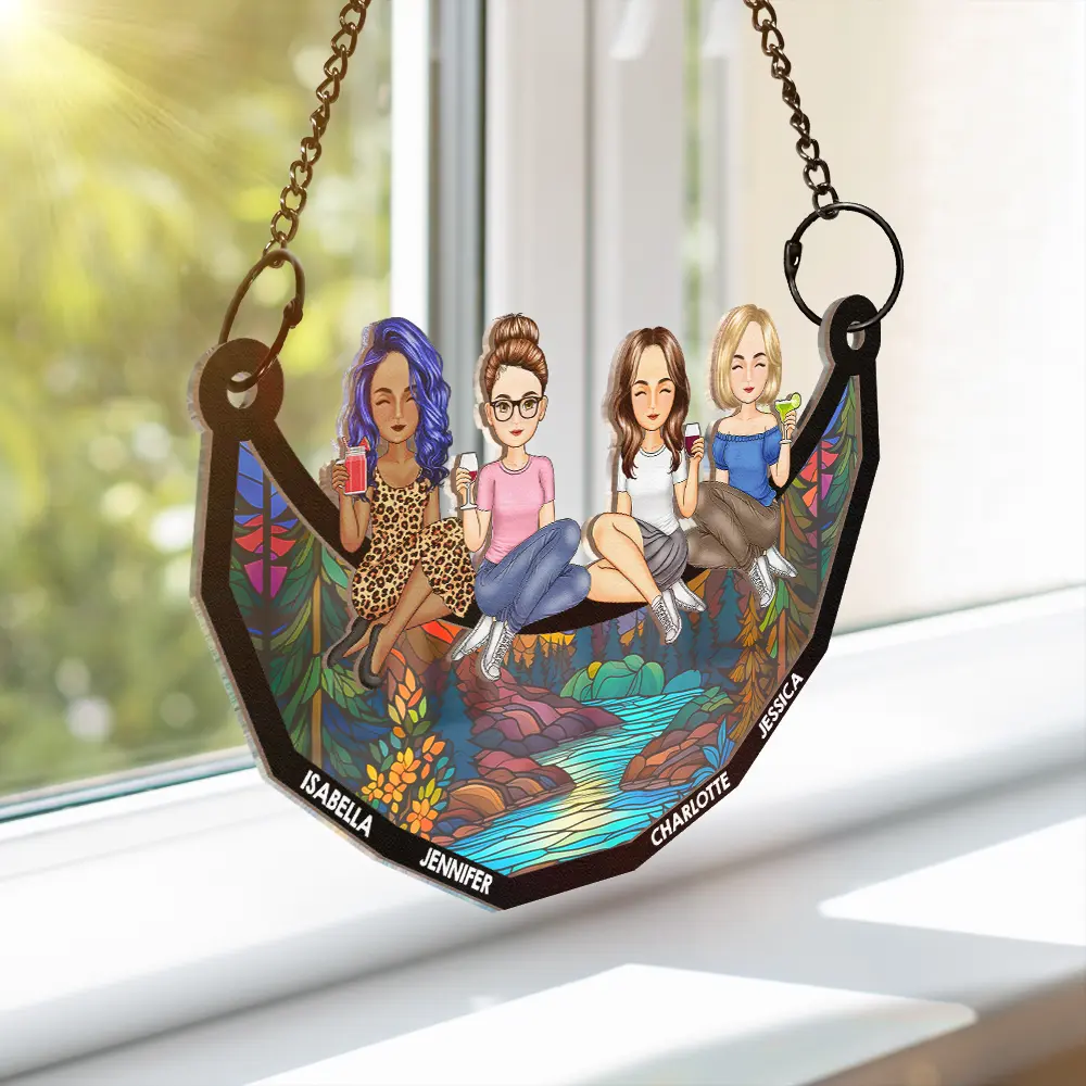 Cartoon Besties Friends Sitting On The Moon - Personalized Window Hanging Suncatcher Ornament - Image 3