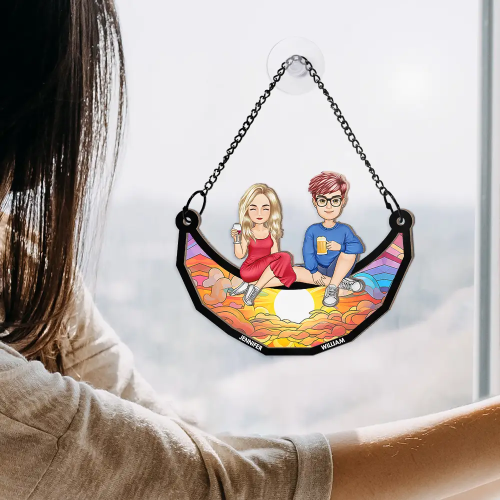Cartoon Besties Friends Sitting On The Moon - Personalized Window Hanging Suncatcher Ornament - Image 4