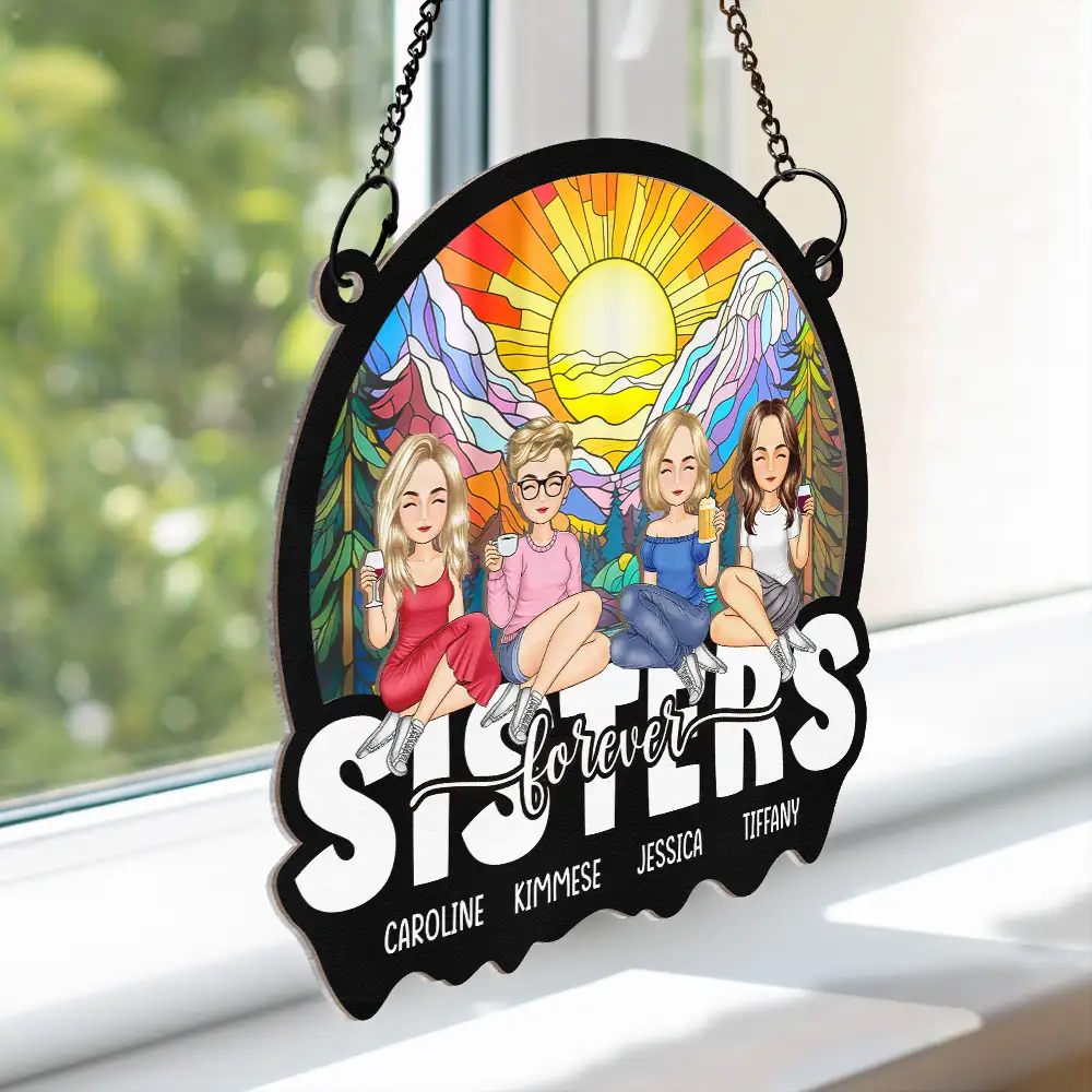 Cartoon Besties Friends Sitting Together - Personalized Window Hanging Suncatcher Ornament - Image 3