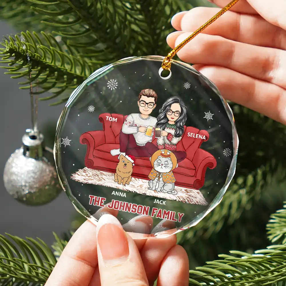 Cartoon Couple With Kids And Pets - Personalized Circle Glass Ornament - Image 2