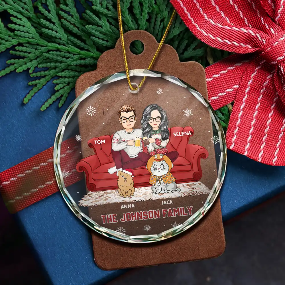 Cartoon Couple With Kids And Pets - Personalized Circle Glass Ornament - Image 5