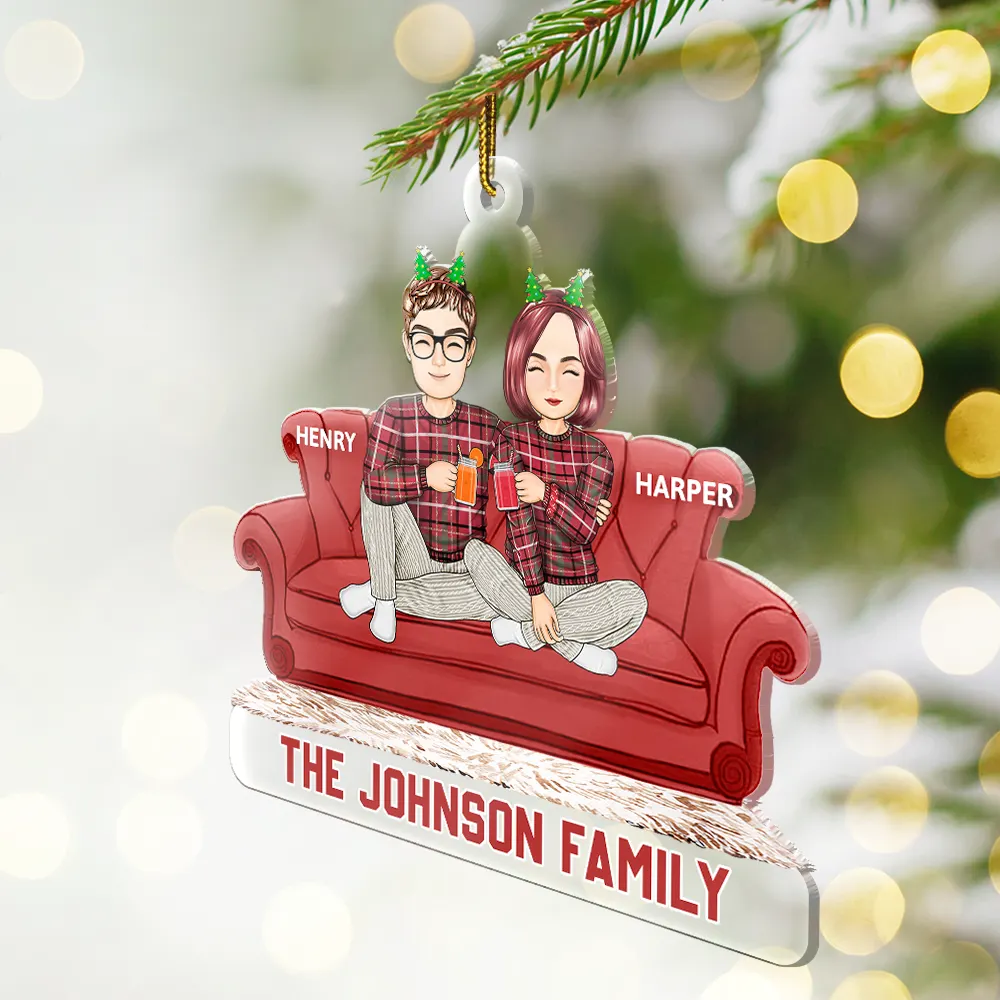 Cartoon Couple With Kids And Pets - Personalized Cutout Acrylic Ornament - Image 2