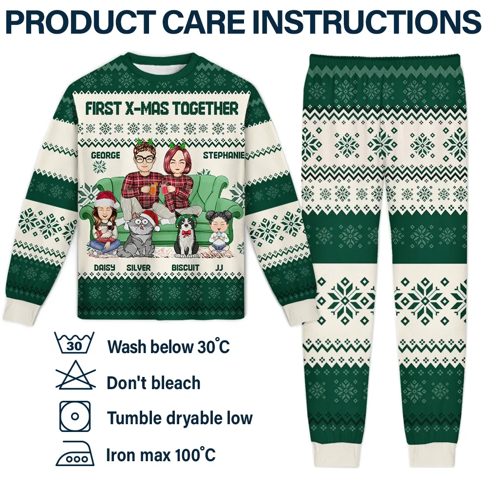 Cartoon Couple With Kids And Pets - Personalized Unisex Pajamas Set - Image 6