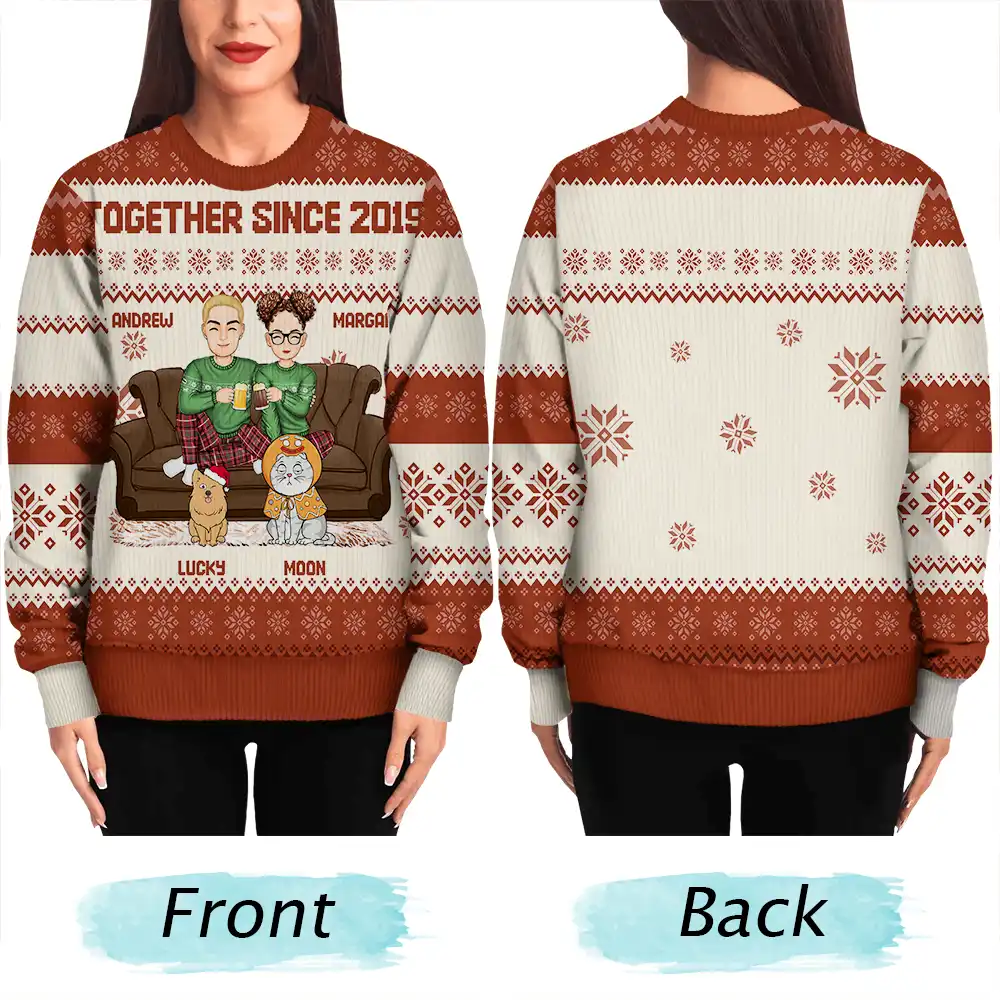 Cartoon Couple With Kids And Pets - Personalized Unisex Ugly Sweater - Image 5