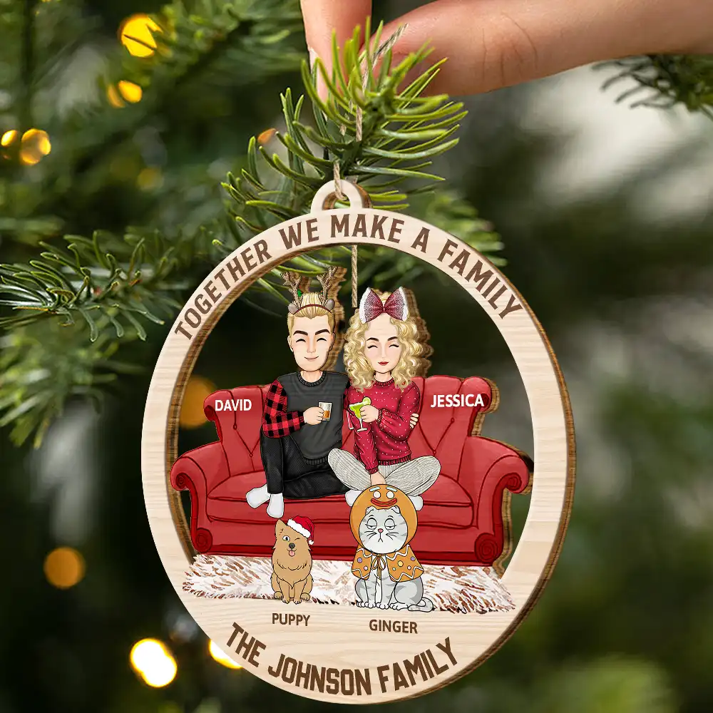 Cartoon Couple With Kids And Pets - Personalized Wooden Cutout Ornament - Image 2