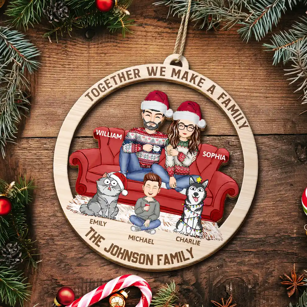 Cartoon Couple With Kids And Pets - Personalized Wooden Cutout Ornament - Image 5