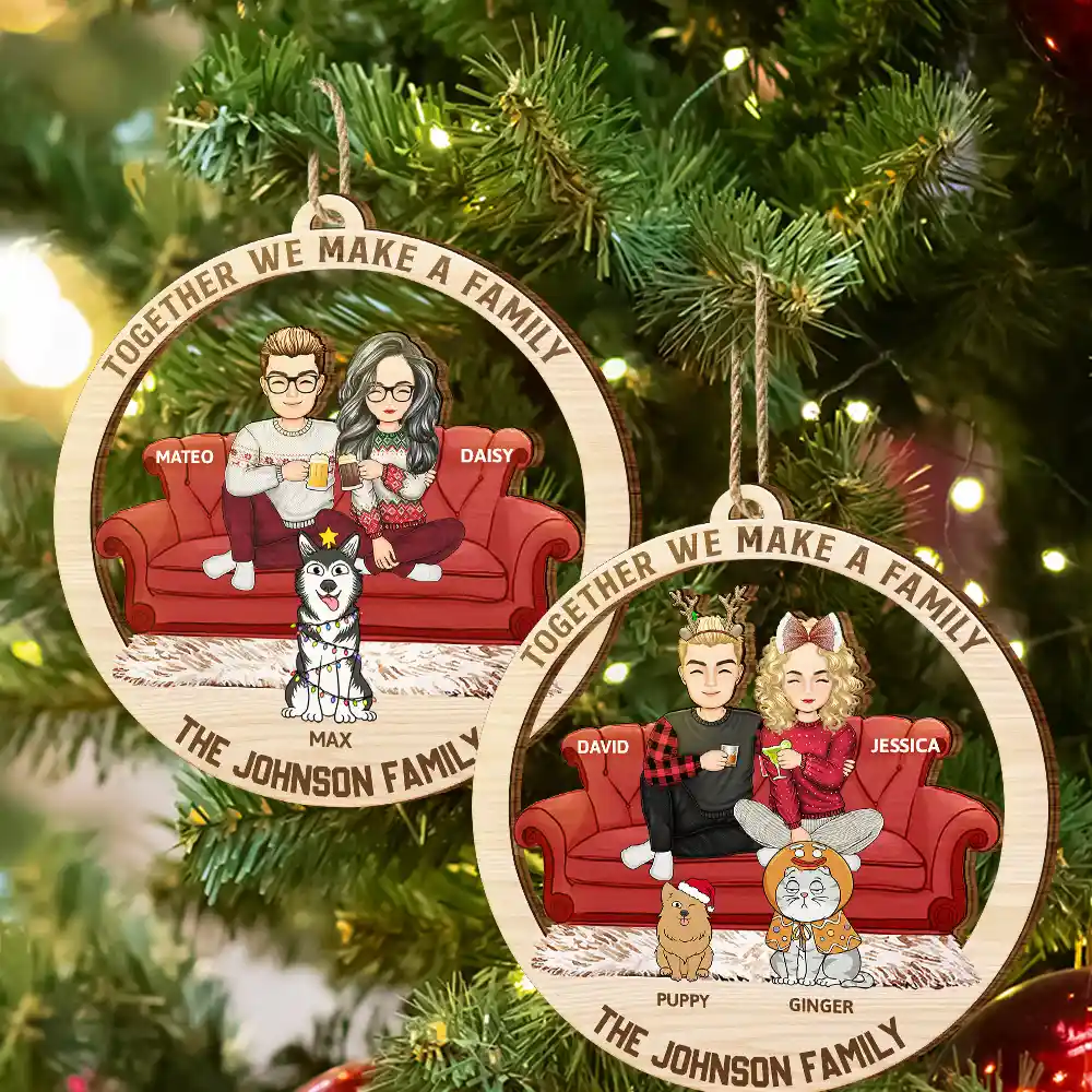 Cartoon Couple With Kids And Pets - Personalized Wooden Cutout Ornament - Image 6