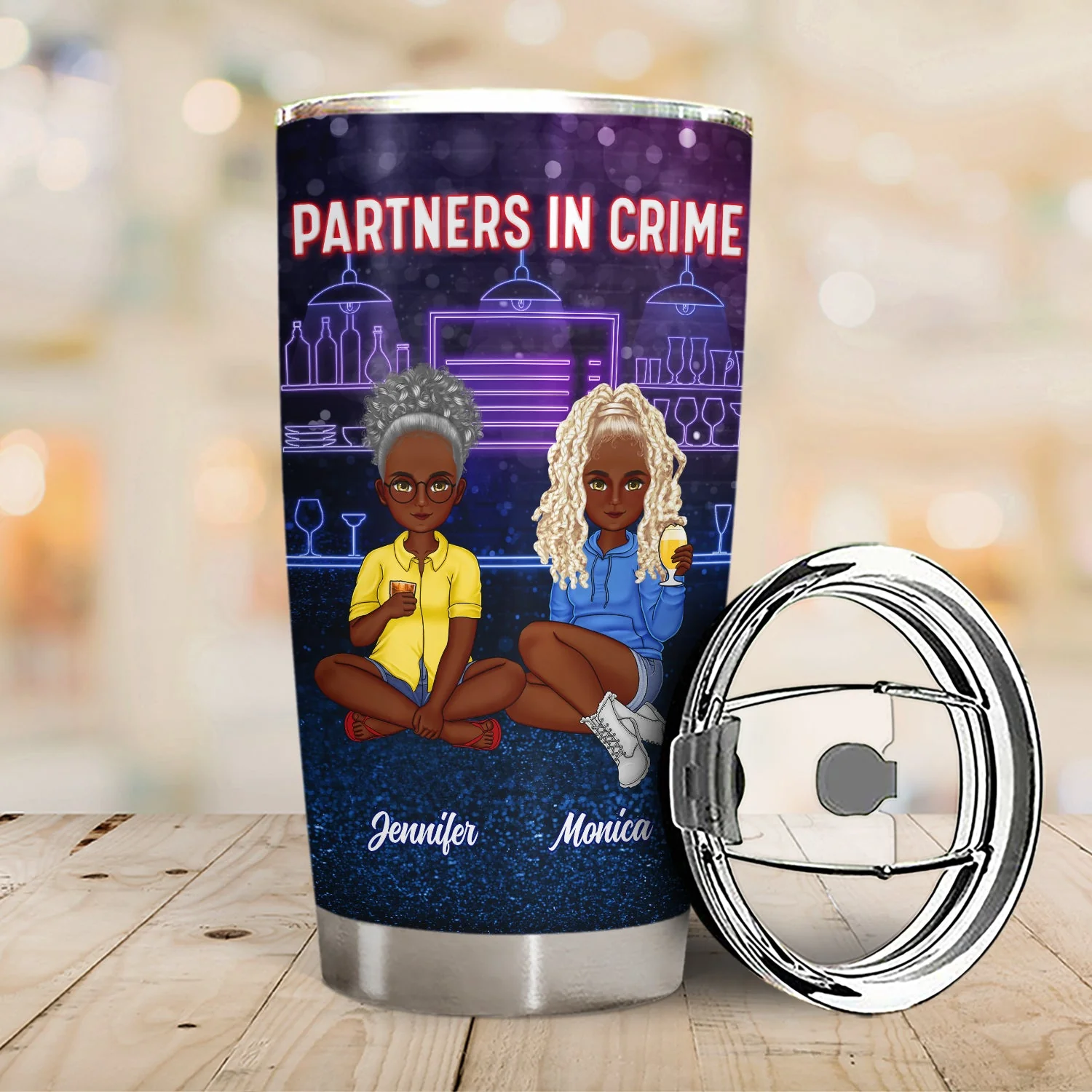Cartoon Drinking Glitter Partners In Crime - Gift For Besties - Personalized Tumbler - Image 2