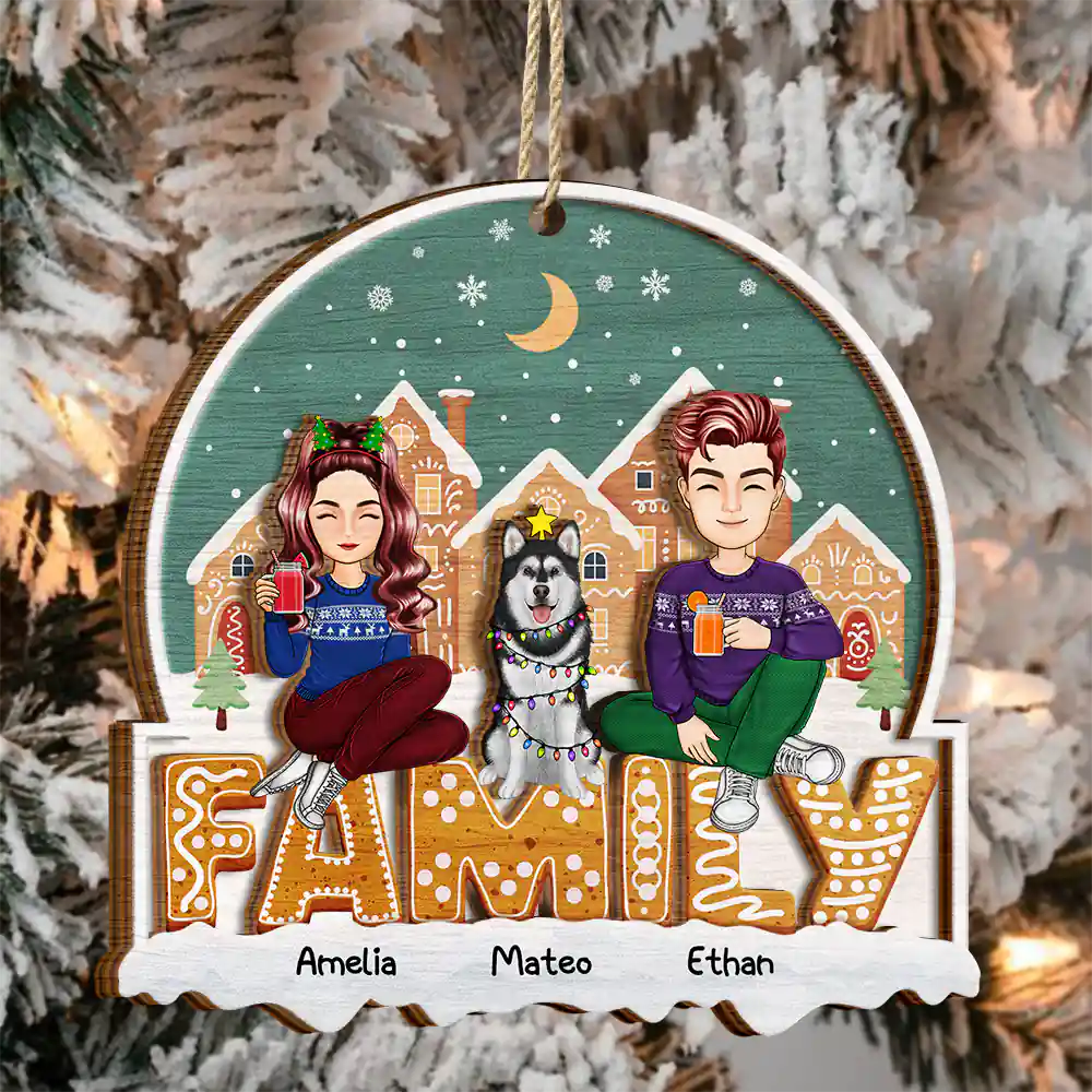 Cartoon Family And Pet Gingerbread Cookies - Personalized 2-Layered Wooden Ornament - Image 3