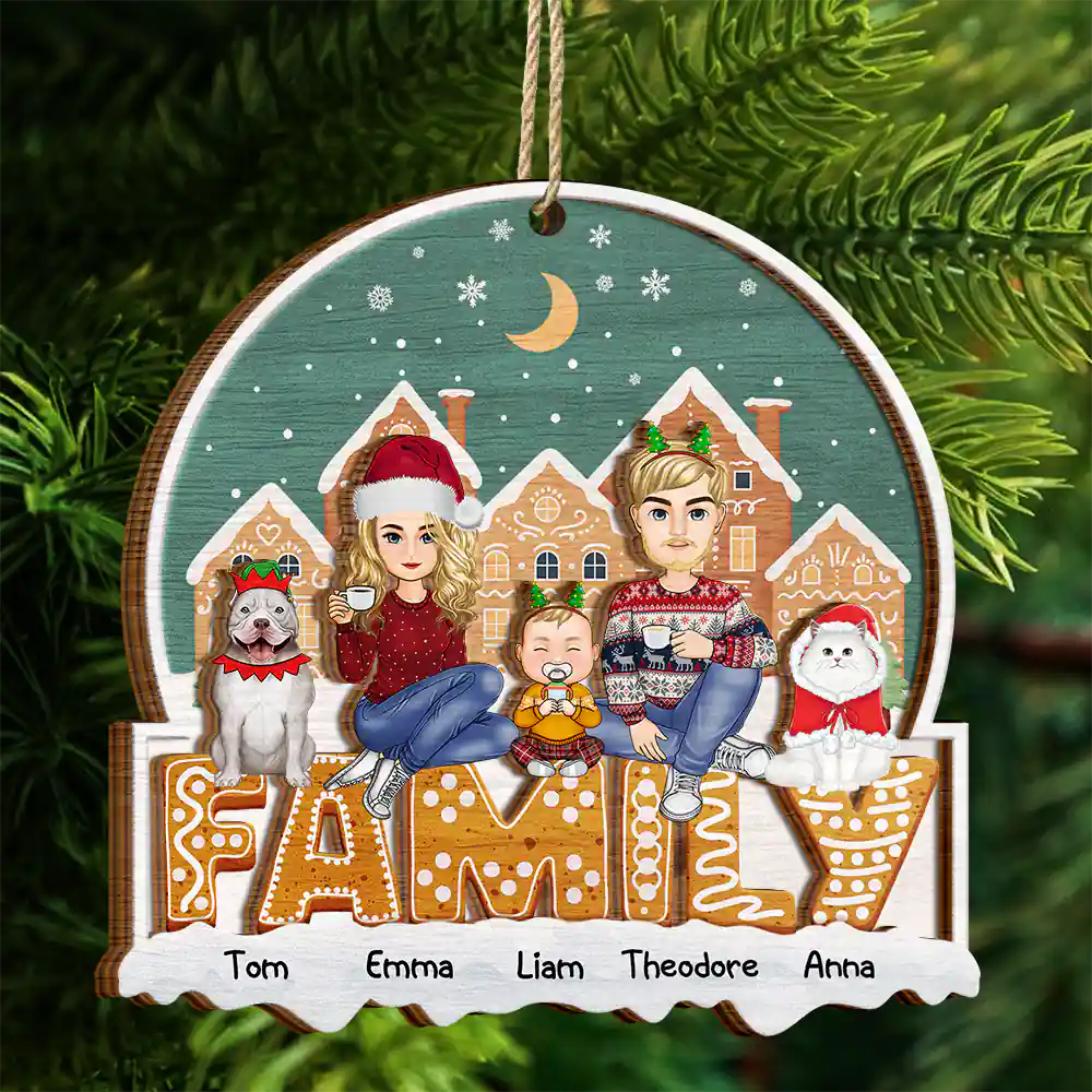 Cartoon Family And Pet Gingerbread Cookies - Personalized 2-Layered Wooden Ornament - Image 4