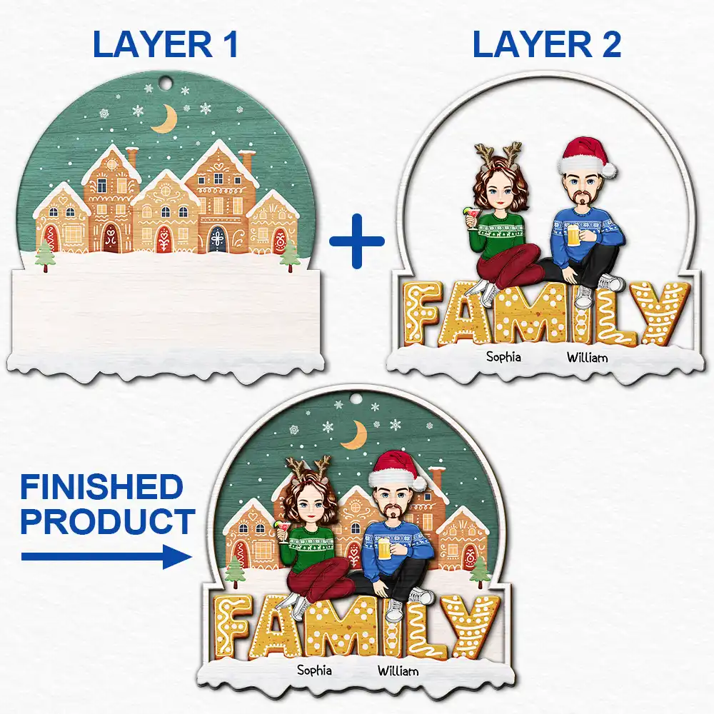 Cartoon Family And Pet Gingerbread Cookies - Personalized 2-Layered Wooden Ornament - Image 6