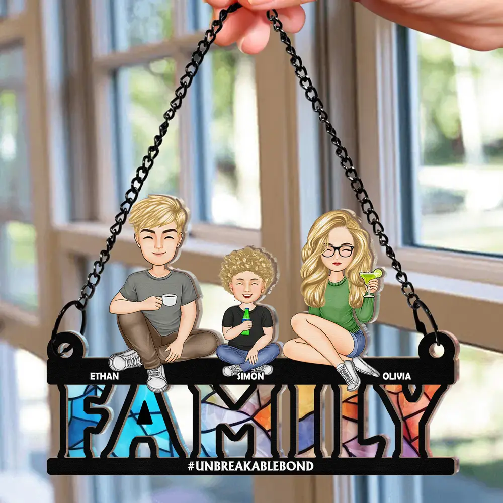 Cartoon Family Forever Unbreakable Bond - Personalized Window Hanging Suncatcher Ornament - Image 2