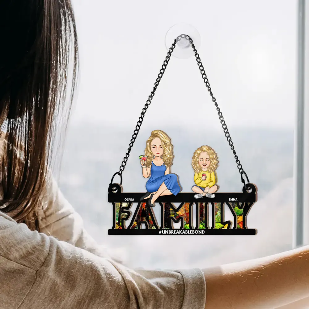 Cartoon Family Forever Unbreakable Bond - Personalized Window Hanging Suncatcher Ornament - Image 4