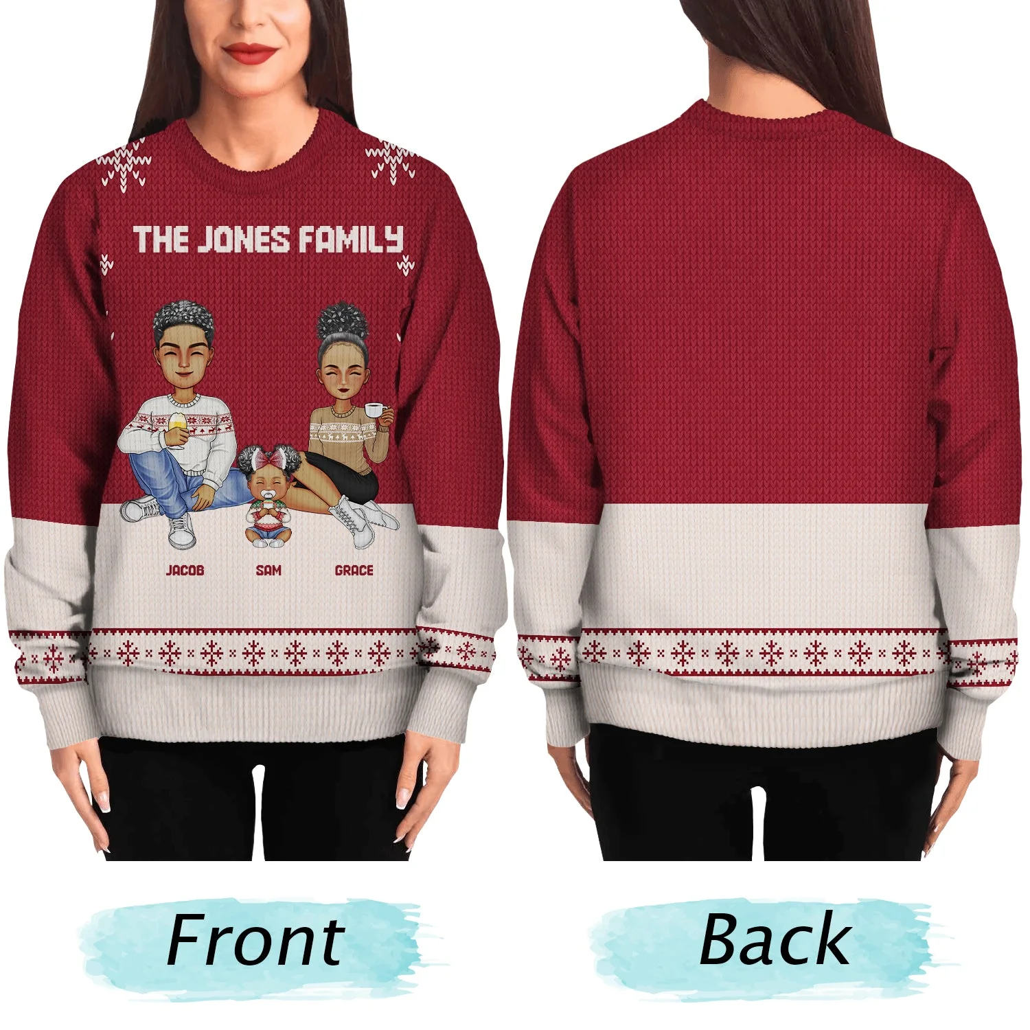 Cartoon Family Sitting - Christmas, Gift For Family - Personalized Unisex Ugly Sweater - Image 5