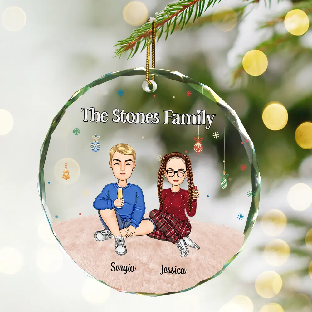 Cartoon Family Sitting - Personalized Circle Glass Ornament - Image 2