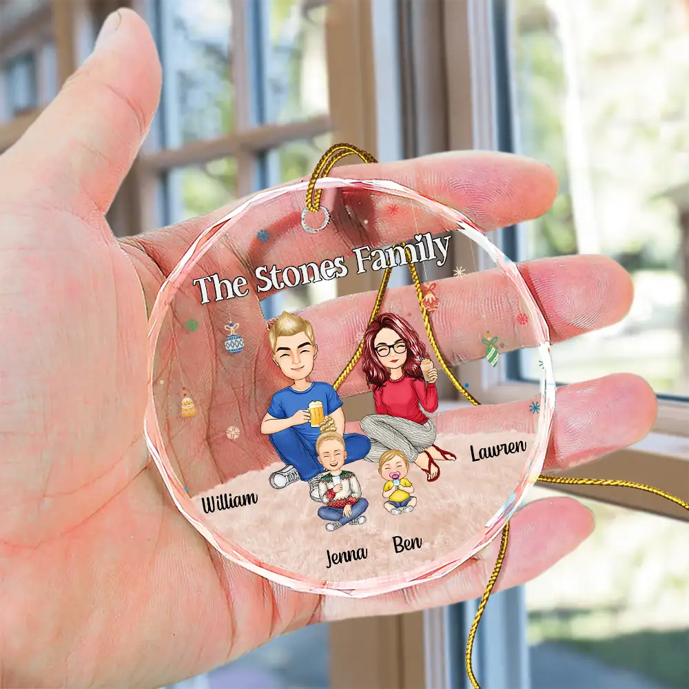 Cartoon Family Sitting - Personalized Circle Glass Ornament - Image 4