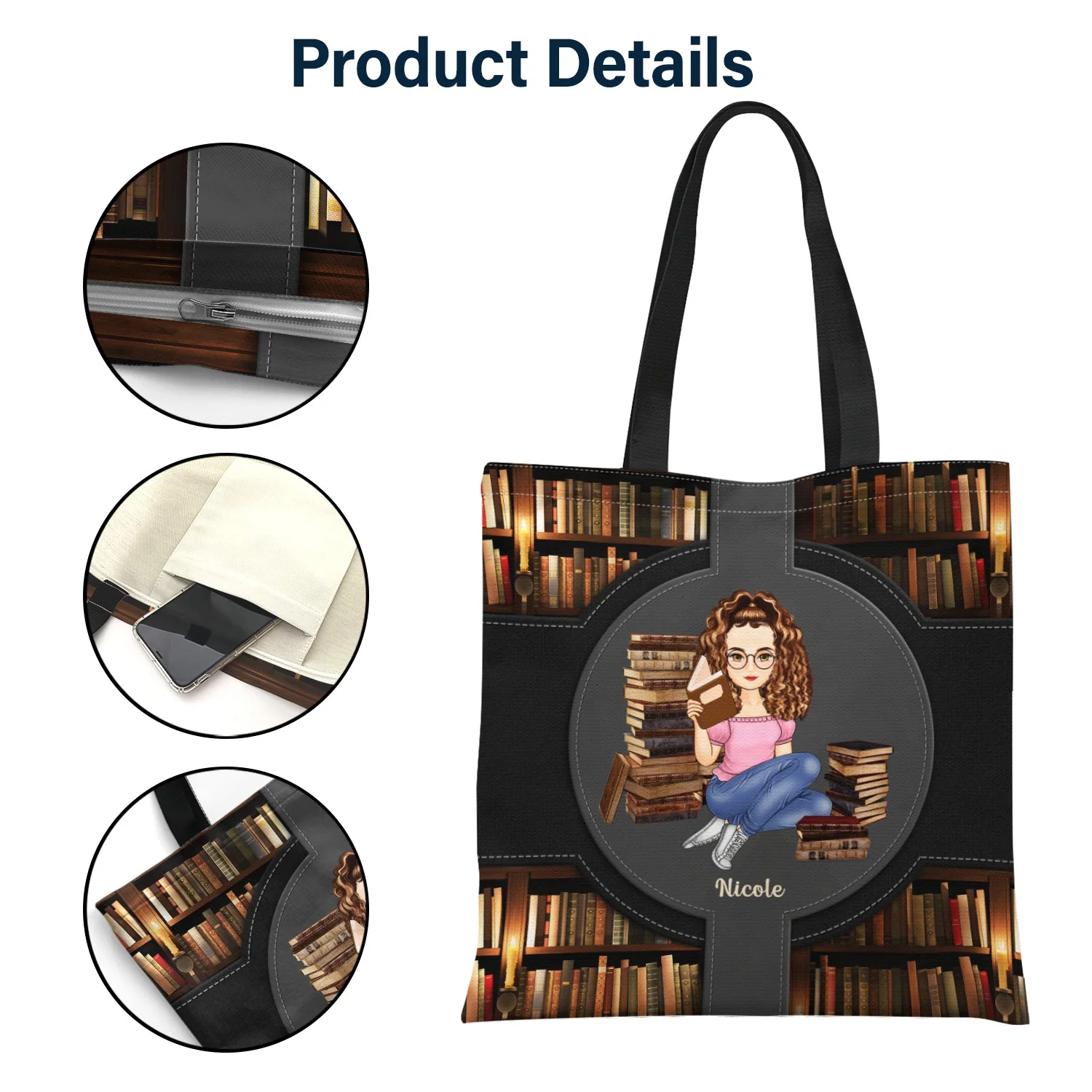 Cartoon Just A Girl Who Loves Books - Gift For Reading Lovers - Personalized Zippered Canvas Bag - Image 4