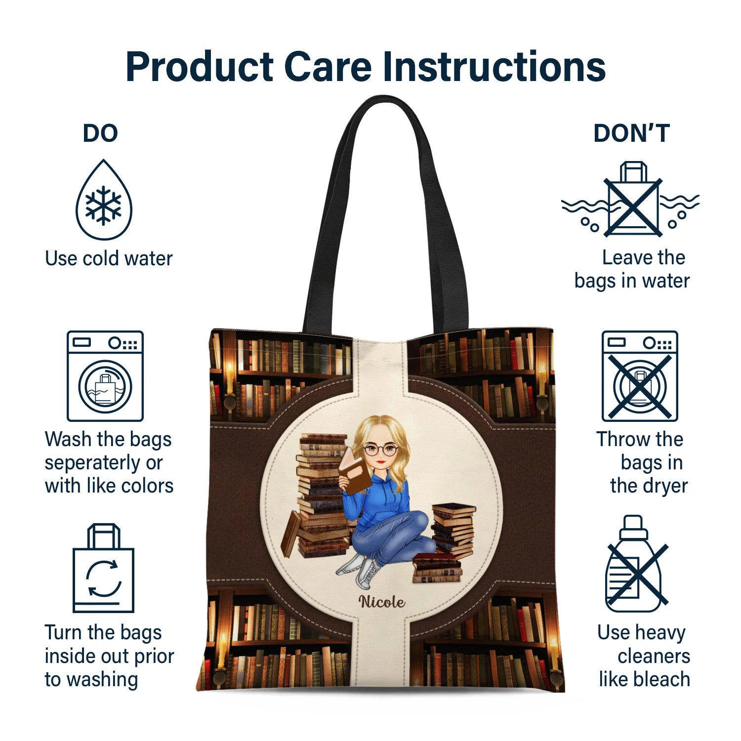 Cartoon Just A Girl Who Loves Books - Gift For Reading Lovers - Personalized Zippered Canvas Bag - Image 6
