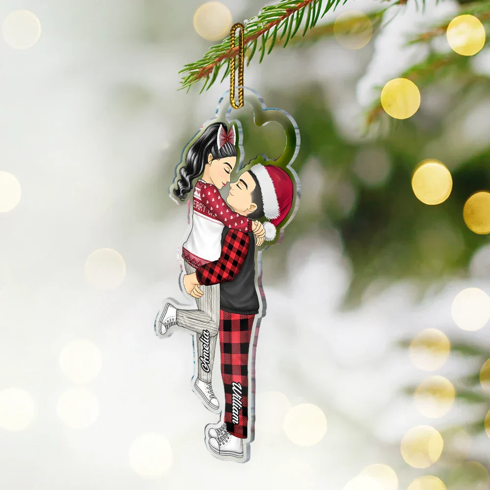 Cartoon Kissing Couple Christmas - Personalized Cutout Acrylic Ornament - Image 2