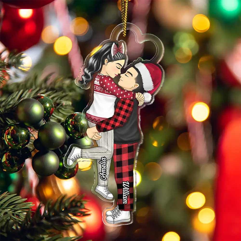 Cartoon Kissing Couple Christmas - Personalized Cutout Acrylic Ornament - Image 5