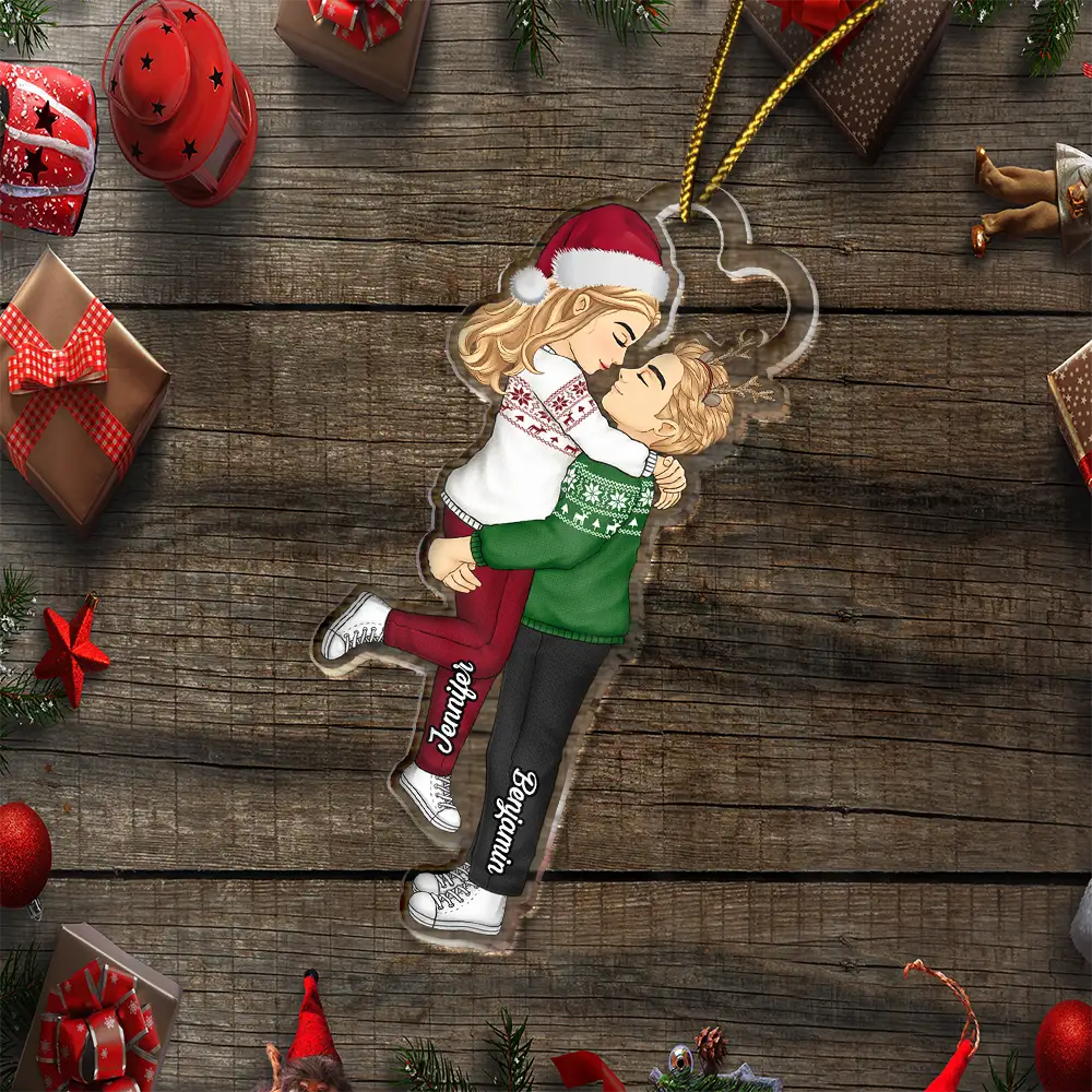 Cartoon Kissing Couple Christmas - Personalized Cutout Acrylic Ornament - Image 6