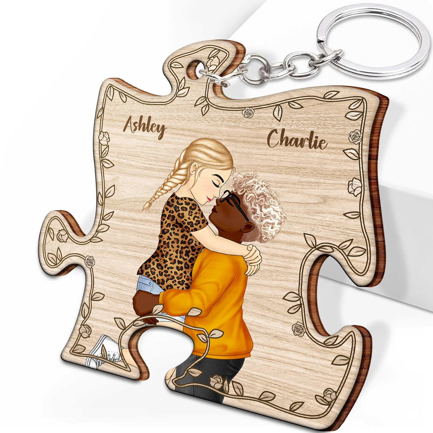 Cartoon Kissing Couple My Missing Piece - Gift For Couples - Personalized Wooden Keychain - Image 2
