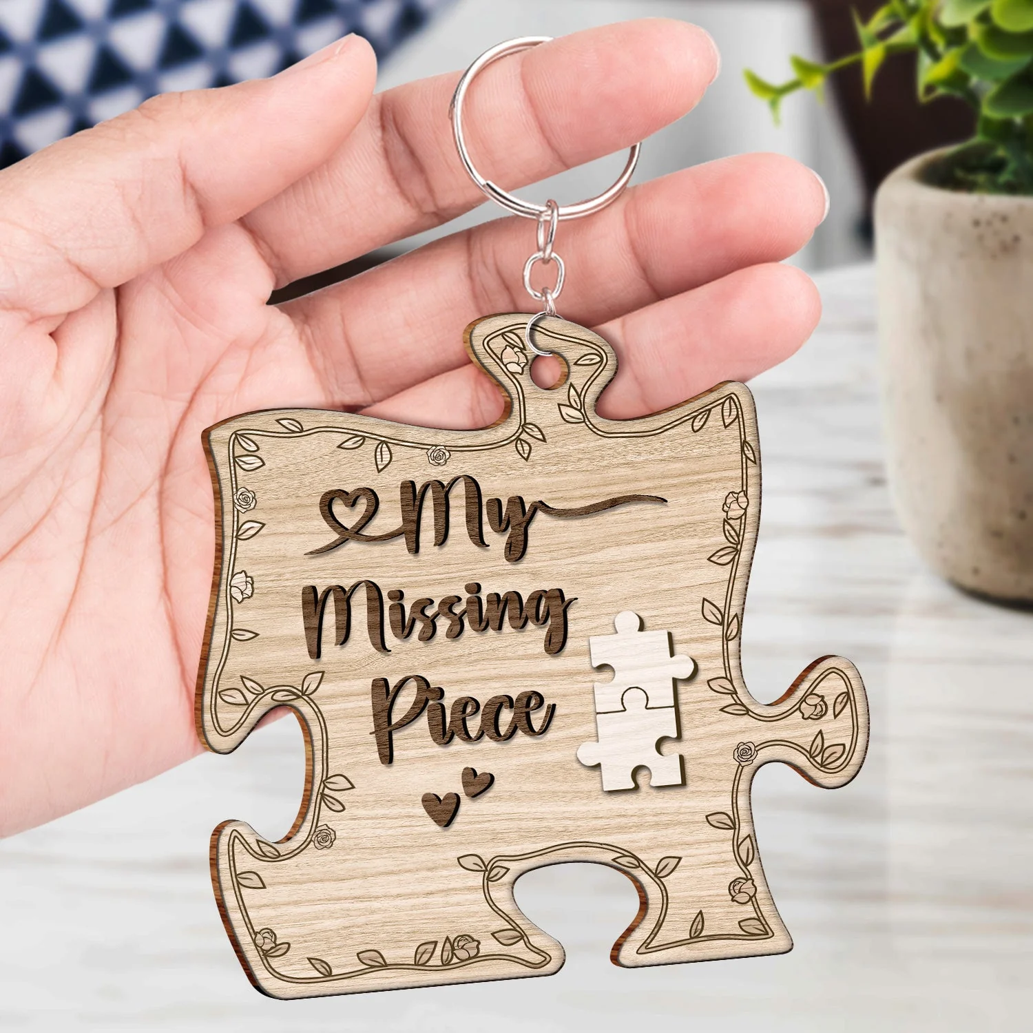 Cartoon Kissing Couple My Missing Piece - Gift For Couples - Personalized Wooden Keychain - Image 4