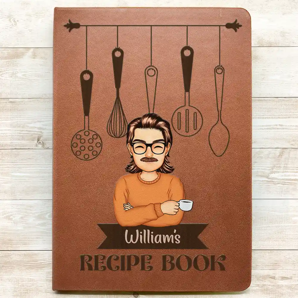 Cartoon Man Recipe CookBook - Personalized Leather Journal - Image 3