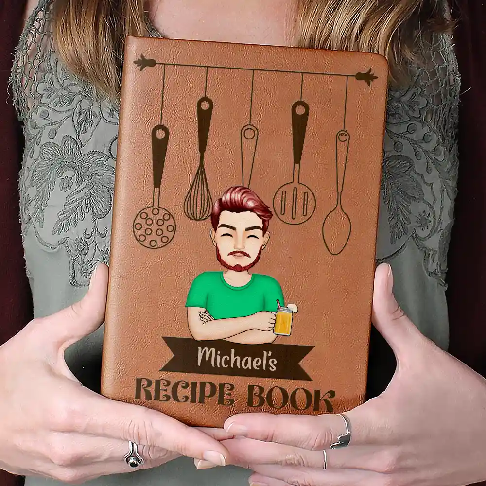Cartoon Man Recipe CookBook - Personalized Leather Journal - Image 4