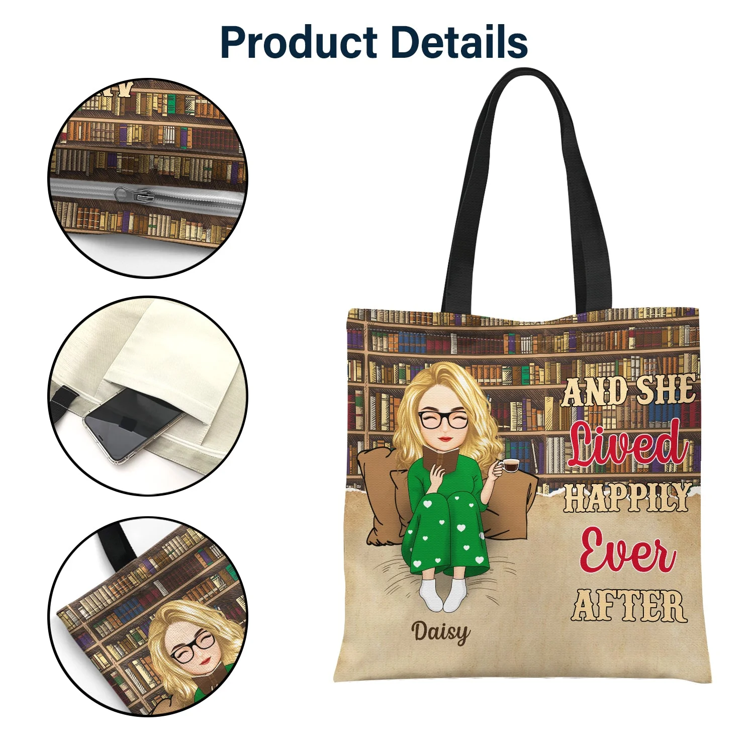 Cartoon Reading Just A Girl Who Loves Books Bag - Gift For Book Lovers - Personalized Zippered Canvas Bag - Image 5