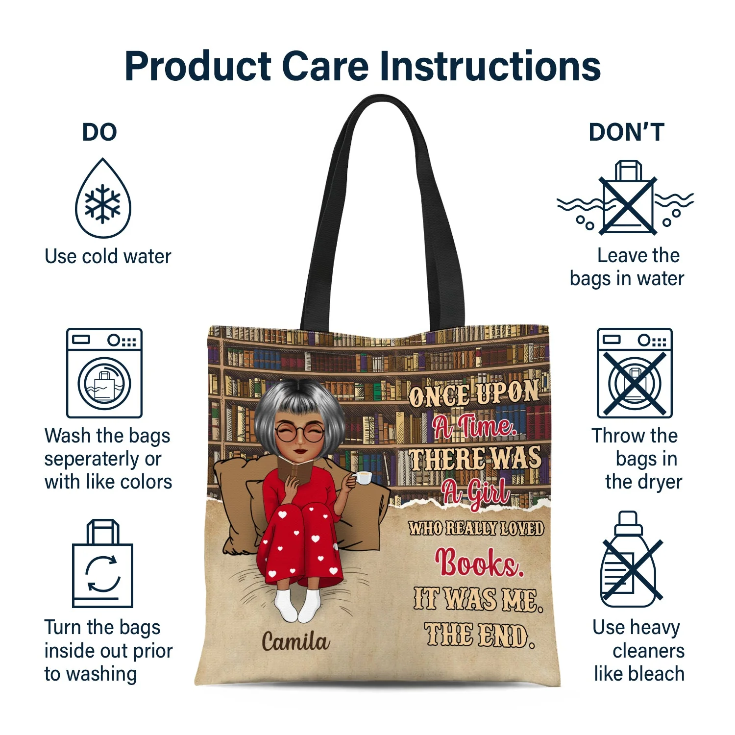 Cartoon Reading Just A Girl Who Loves Books Bag - Gift For Book Lovers - Personalized Zippered Canvas Bag - Image 6