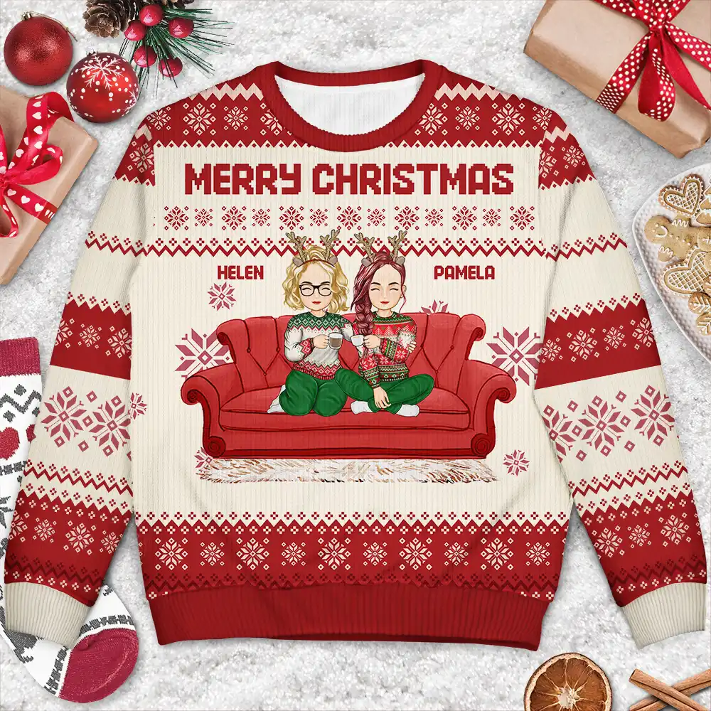 Cartoon Same Gender Couple With Kids And Pets - Personalized Unisex Ugly Sweater - Image 3