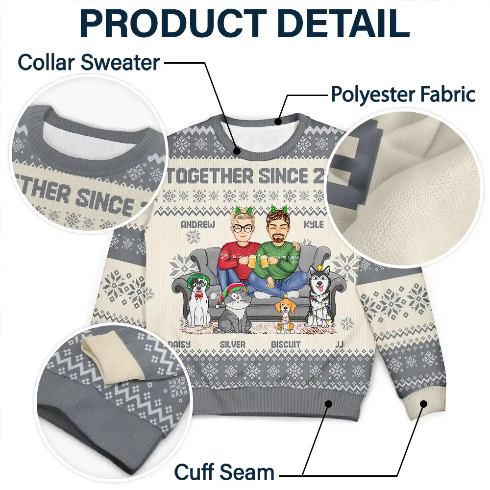 Cartoon Same Gender Couple With Kids And Pets - Personalized Unisex Ugly Sweater - Image 6