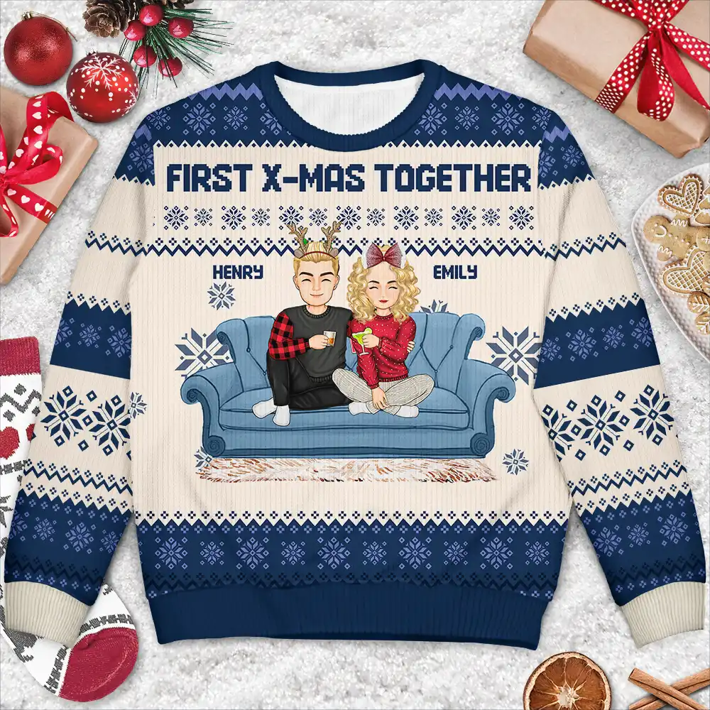 Cartoon Senior Couple With Children - Personalized Unisex Ugly Sweater - Image 3