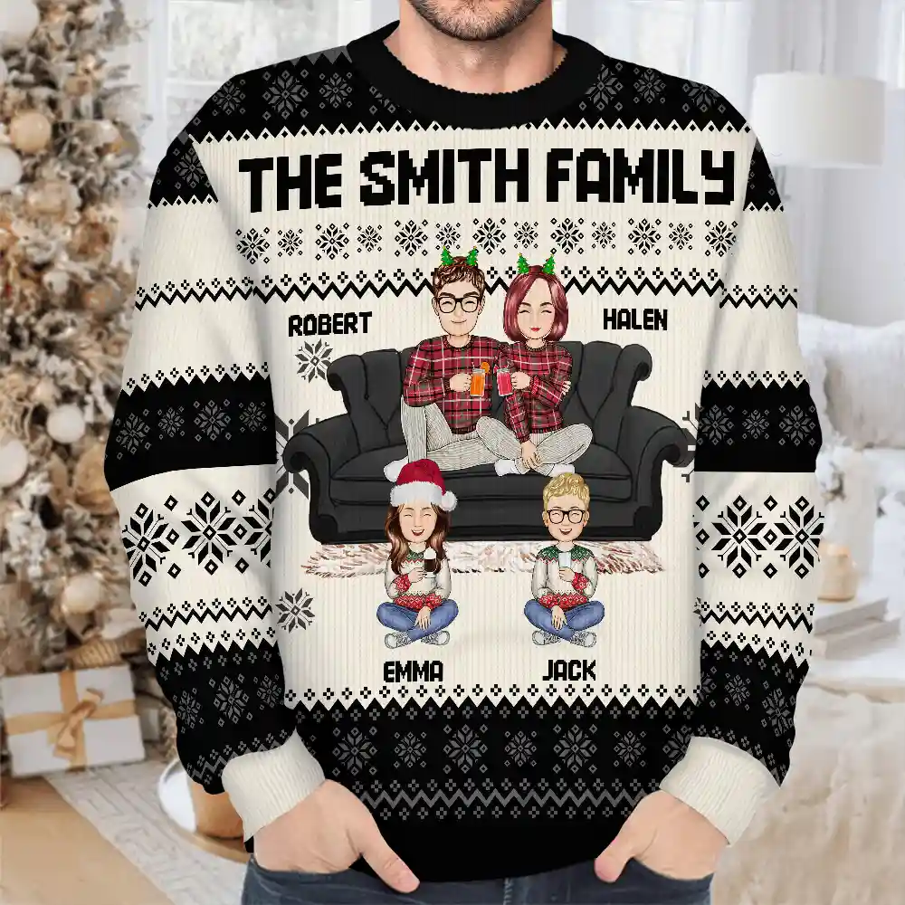 Cartoon Senior Couple With Children - Personalized Unisex Ugly Sweater - Image 4