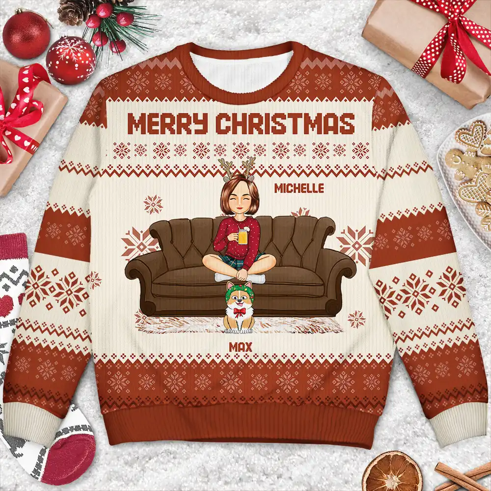 Cartoon Single Mom Dad With Kids And Pets - Personalized Unisex Ugly Sweater - Image 3