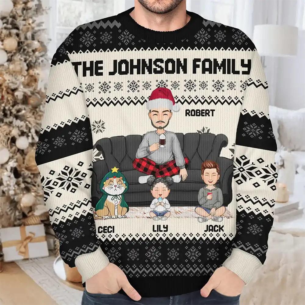 Cartoon Single Mom Dad With Kids And Pets - Personalized Unisex Ugly Sweater - Image 4