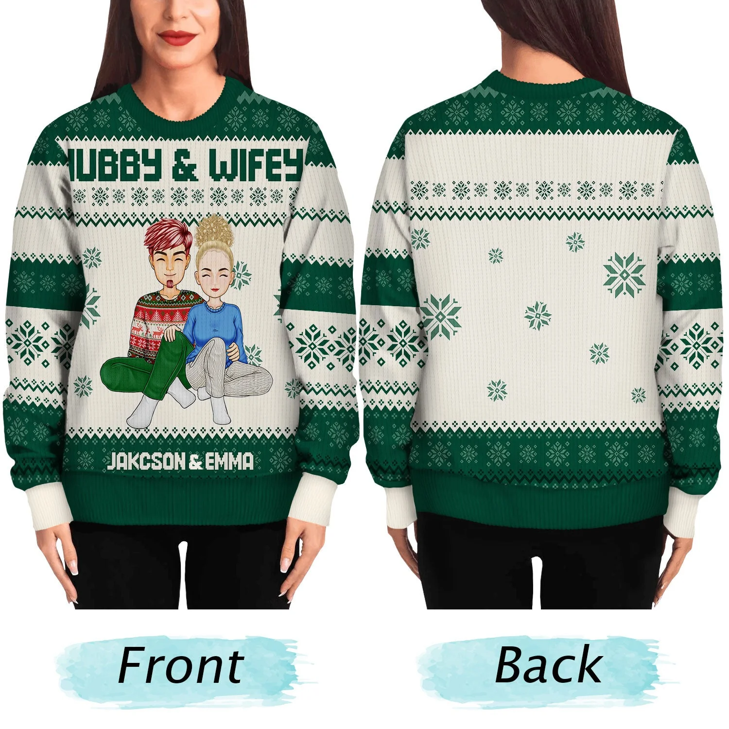 Cartoon Style Couple - Christmas Gift For Spouse, Husband, Wife - Personalized Unisex Ugly Sweater - Image 5