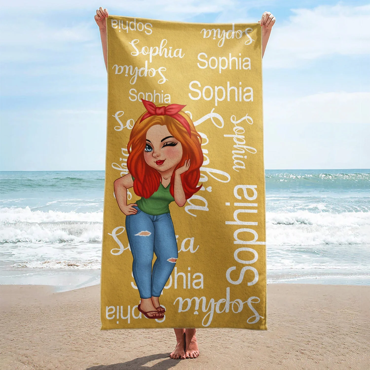 Cartoon Woman Custom Name Traveling Beach Poolside Swimming Picnic - Birthday, Vacation Gift For Her, Besties, Family - Personalized Beach Towel - Image 2