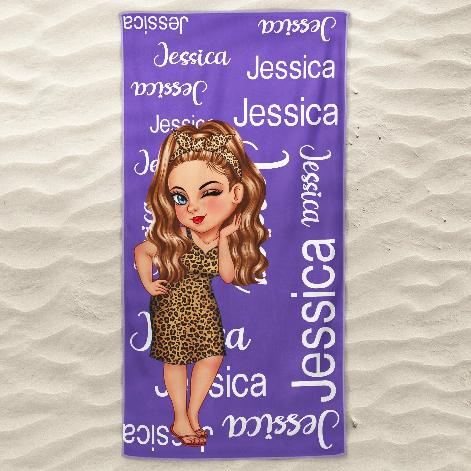 Cartoon Woman Custom Name Traveling Beach Poolside Swimming Picnic - Birthday, Vacation Gift For Her, Besties, Family - Personalized Beach Towel - Image 3