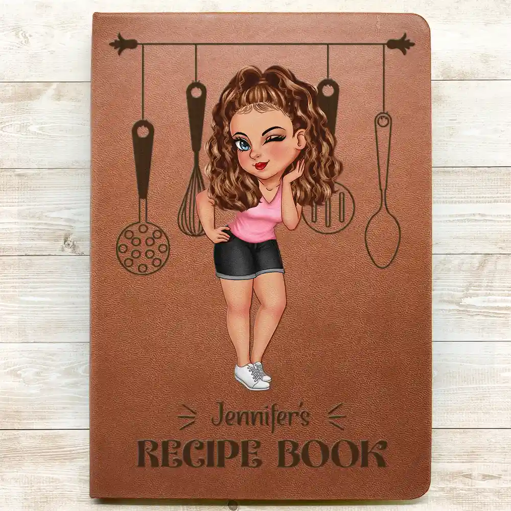 Cartoon Woman Recipe CookBook - Personalized Leather Journal - Image 3
