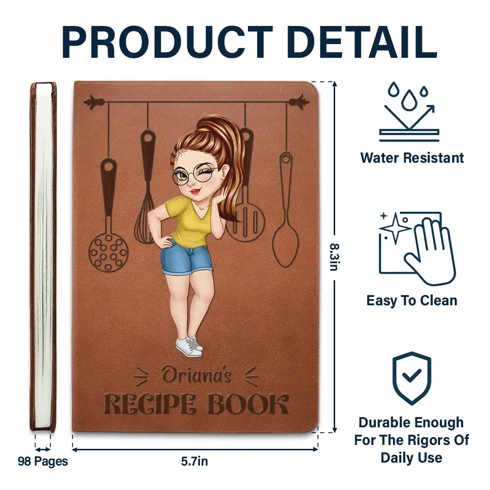 Cartoon Woman Recipe CookBook - Personalized Leather Journal - Image 5