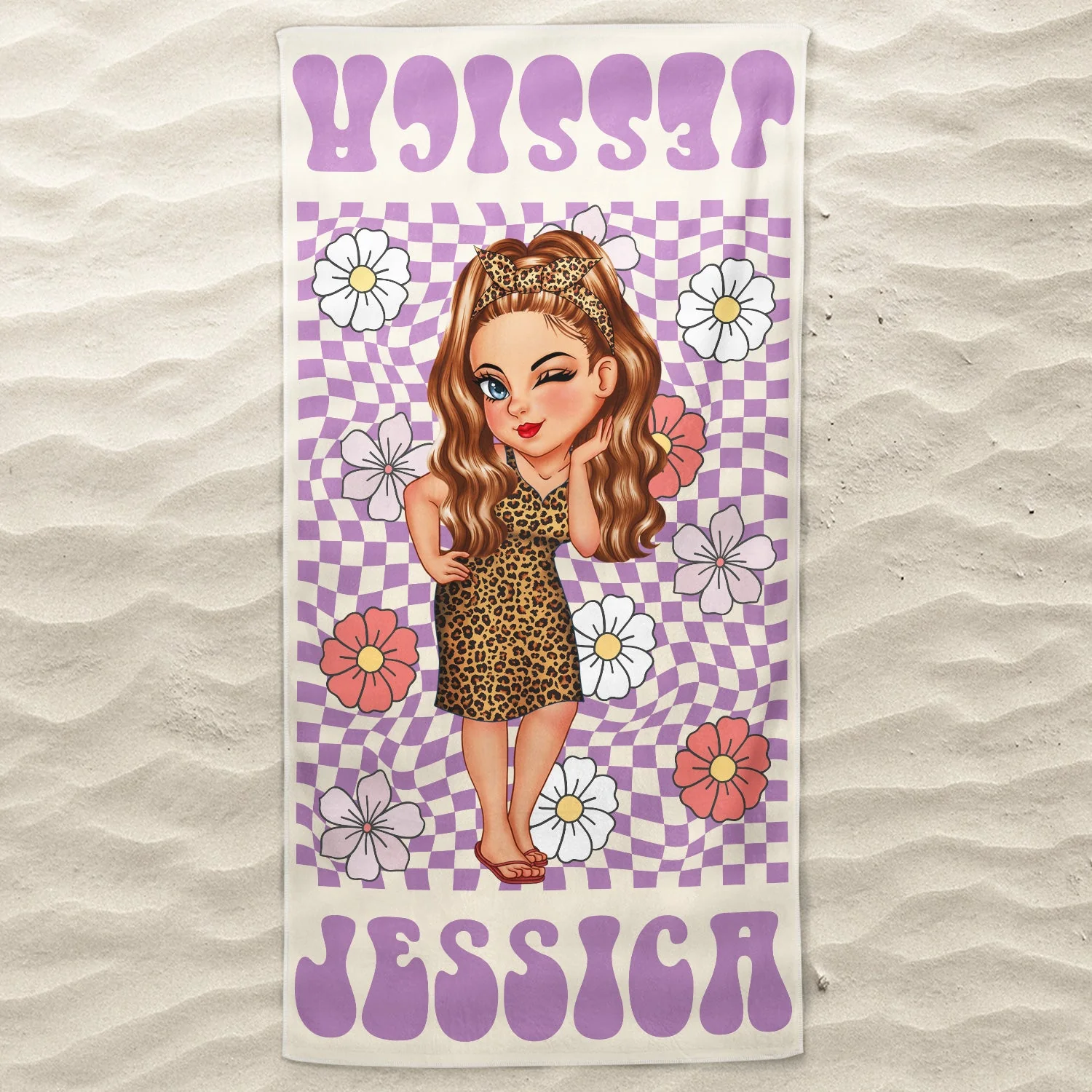 Cartoon Woman Retro Traveling Beach Poolside Swimming Picnic - Birthday, Vacation Gift For Her, Besties, Family - Personalized Beach Towel - Image 3