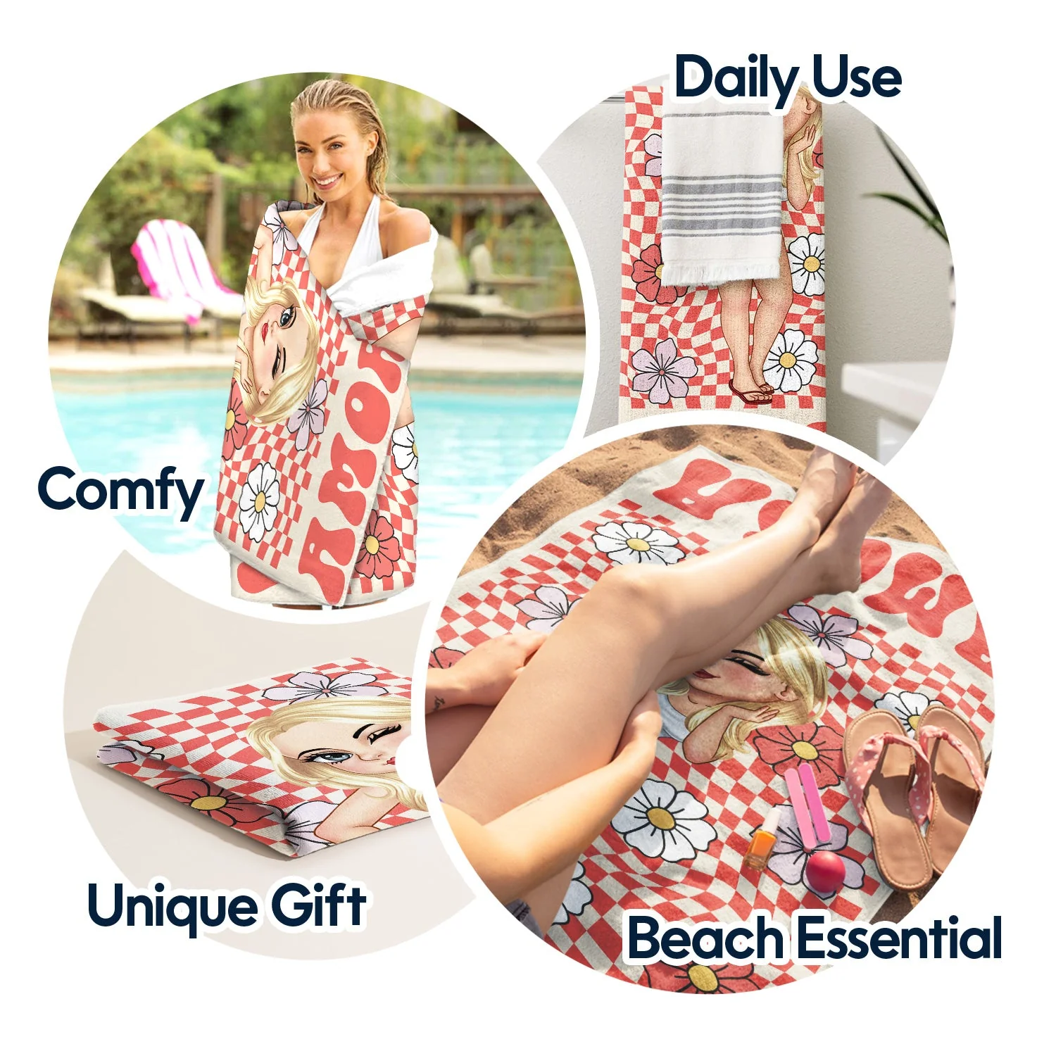 Cartoon Woman Retro Traveling Beach Poolside Swimming Picnic - Birthday, Vacation Gift For Her, Besties, Family - Personalized Beach Towel - Image 5