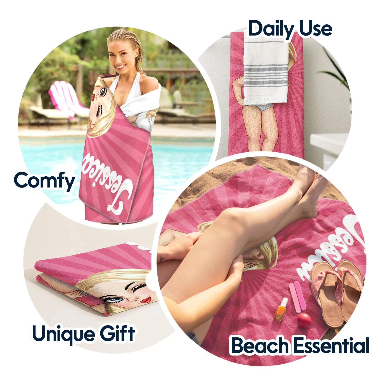 Cartoon Woman Traveling Beach Poolside Swimming Picnic - Birthday, Vacation Gift For Her, Besties, Family - Personalized Beach Towel - Image 5