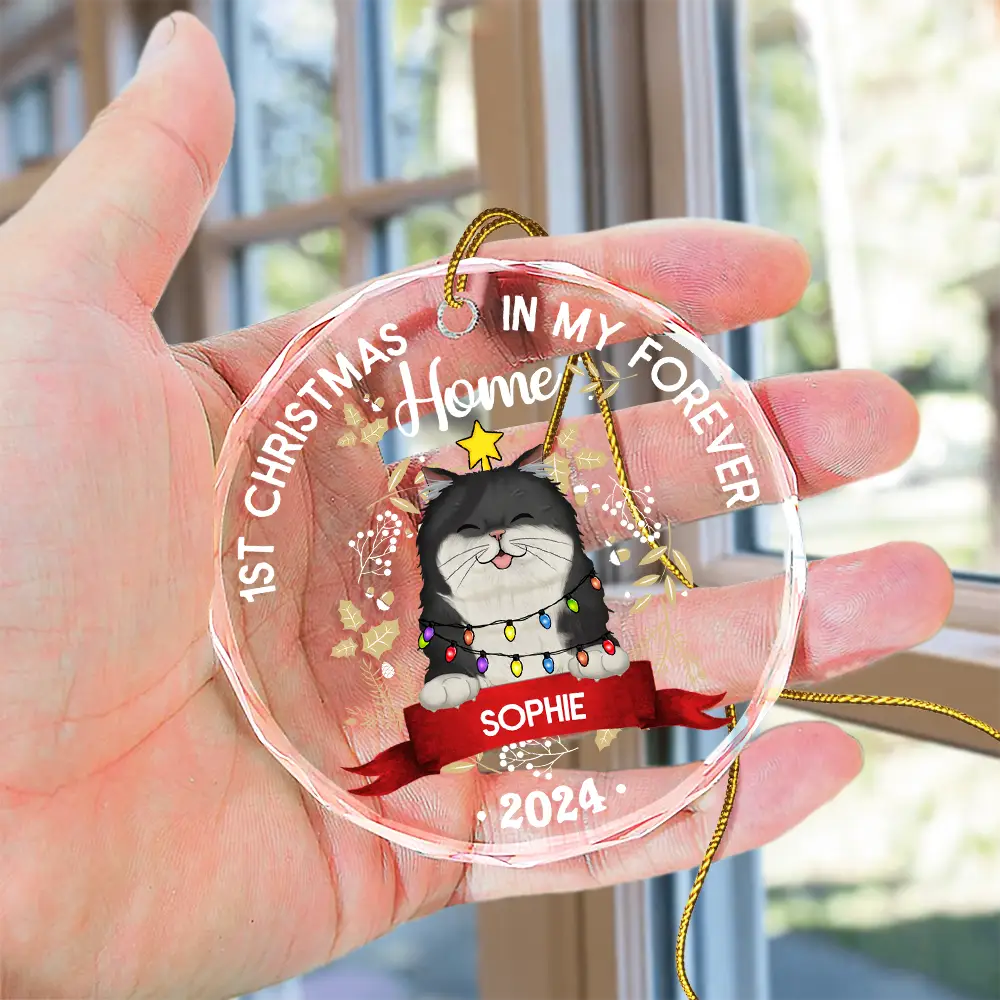 Cat 1st Christmas In My Forever Home - Personalized Circle Glass Ornament - Image 4