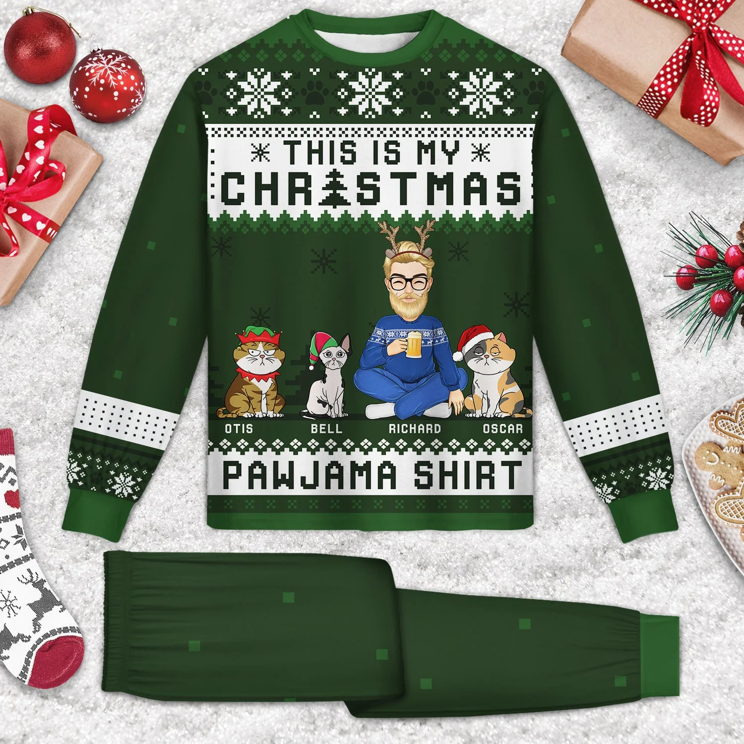 Cat Christmas Pawjama Shirt Cartoon Style - Gift For Cat Lovers, Cat Moms, Cat Dads - Personalized Unisex Pajamas Set - Image 2