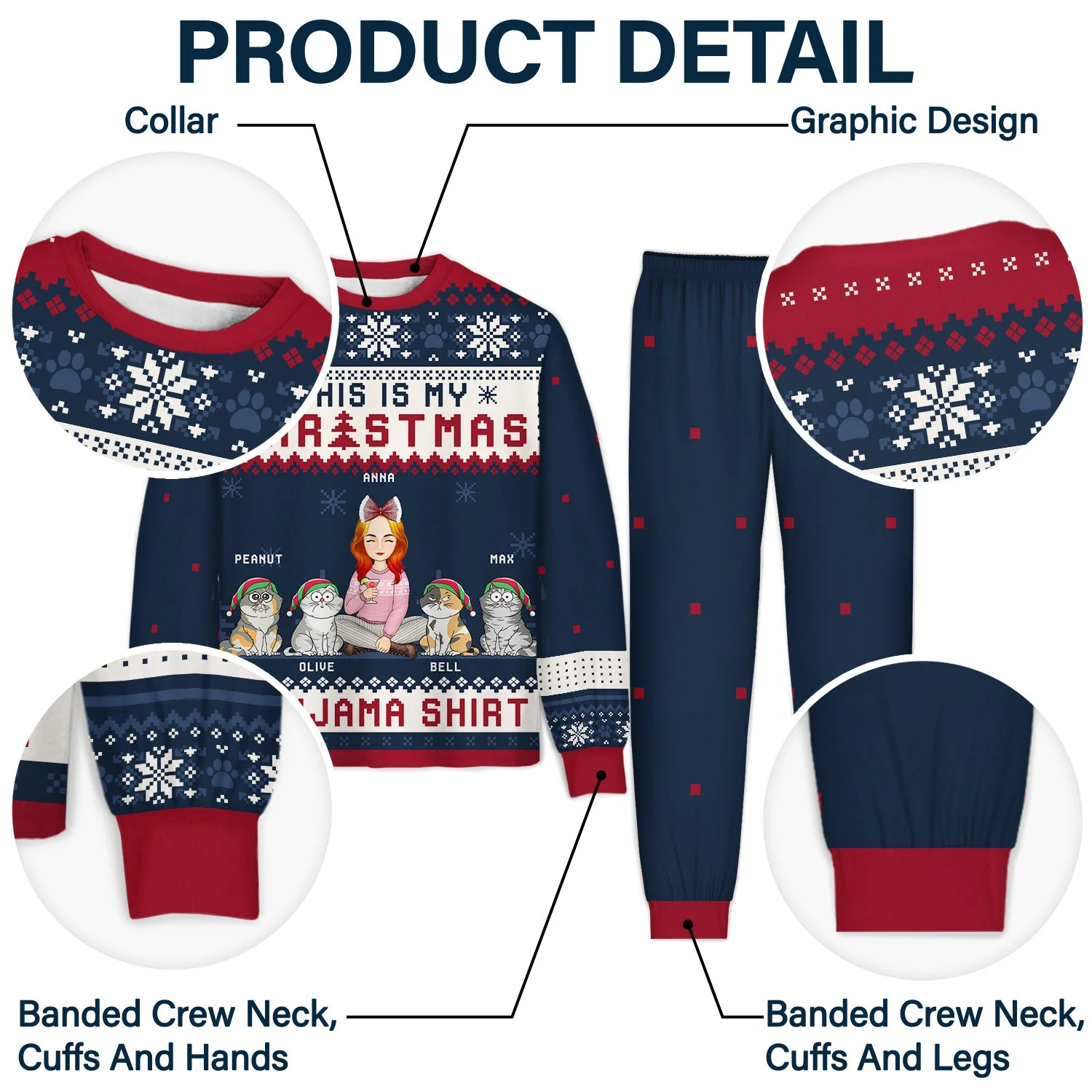 Cat Christmas Pawjama Shirt Cartoon Style - Gift For Cat Lovers, Cat Moms, Cat Dads - Personalized Unisex Pajamas Set - Image 4